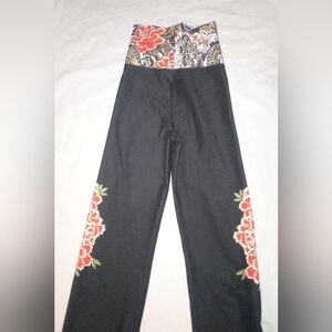 ethika Black Wide Leg Jumpsuit Pants with Red Floral Accents